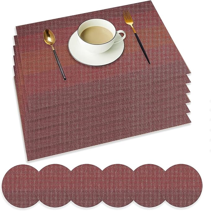 Sets of 6 Placemats Simple Table Place Mats and Coasters Premium Heat Washable Tableware Dining Table Mats(Red)