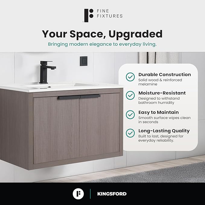 Fine Fixtures Kingsford Modern 24 Inch Bathroom Vanity with Sink, Gray Oak Finish, Elegant Bathroom Vanities for Modern Homes, Stylish Storage Solutions for Bathrooms