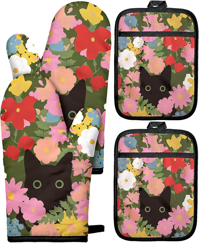 Cotton Oven Mitts and Pot Holders Sets - Quilted Lining Heat Resistant 4 Pieces Set with Hanging Loop Cute Farmhouse Boho Spring Kitchen Decor and Accessories, Cat Flower