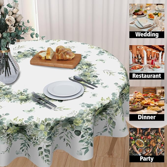 Spring Round Tablecloth 60 Inch Green Eucalyptus Leaf Circle Table Cloth Seasonal Holiday Rustic Table Cover for Party Kitchen Dinner Home Decor