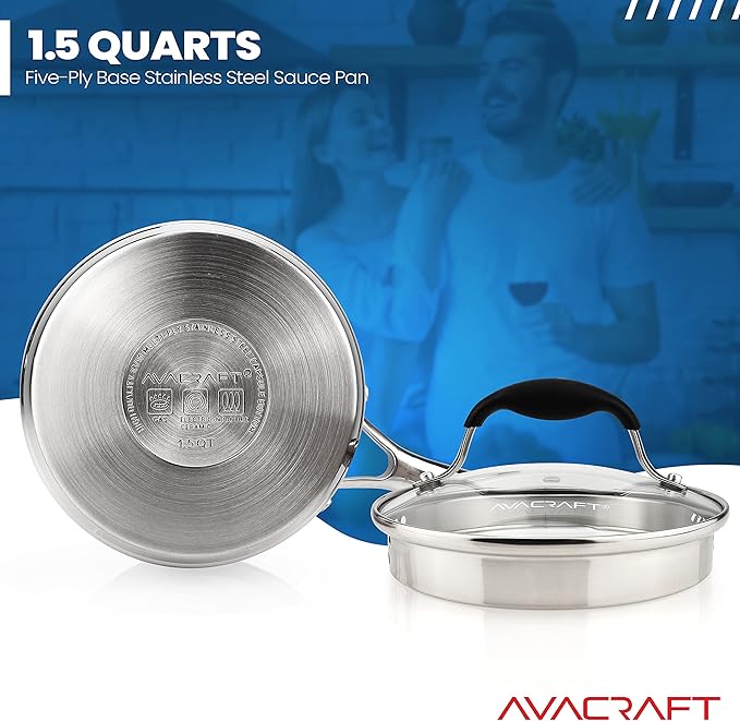 AVACRAFT Stainless Steel Saucepan with Glass Strainer Lid, Two Side Spouts for Easy Pour with Ergonomic Handle, Multipurpose Sauce Pot (5-Ply Capsule Bottom, 1.5 Quart)