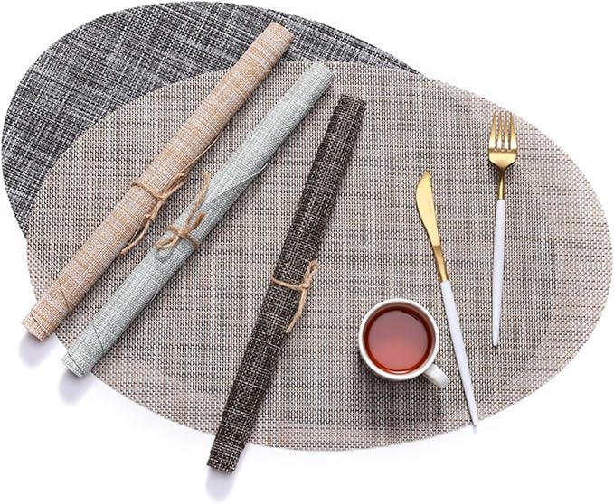 Washable Oval PVC Placemats Set of 1/4/6 Heat Cross Woven Non-Slip Insulation Table Mats for Kitchen Dining Table(Tuo Brown,6 pcs)