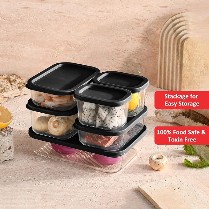EATEX 6 Pack Glass Meal Prep Containers with Grooved Base, 6 Stackable BPA Free Glass Storage Containers with Lids for Lunch, Pantry, and Kitchen - Microwave, Dishwasher Freezer & Oven Safe - Black