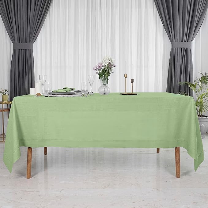 D'Moksha Homes Sage Green Linen Tablecloth for Rectangle Tables 60 x 102 Inch - Classic Hemstitch 100% Pure Linen Green Table Cloth - Machine Washable Dining Tablecloth for St Patricks Day, Easter