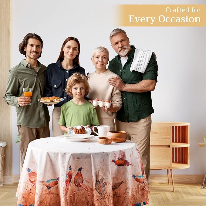 Maison d' Hermine Table Cloth Round Table 100% Cotton 63 Inches Fall Tablecloth Reusable Everyday Use for Thanksgiving Christmas Decorations Dining Farmhouse Party (Faisan D'Automne)