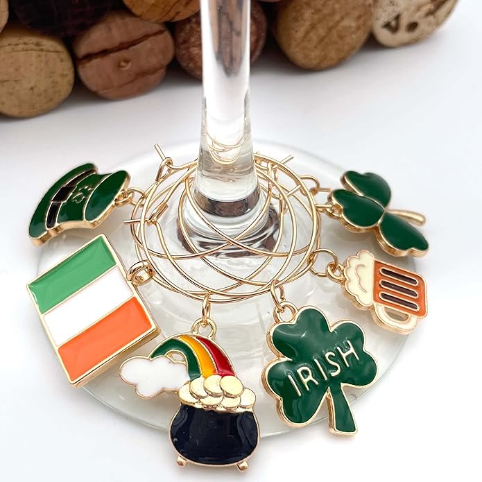 Serendipity Irish Wine Glass Charms, Irish Glass Markers, St Patricks Day Decoration, Set of 6 Charms: Ireland Flag, Leprechaun Hat, Shamrock, Beer Mug, and Pot of Gold