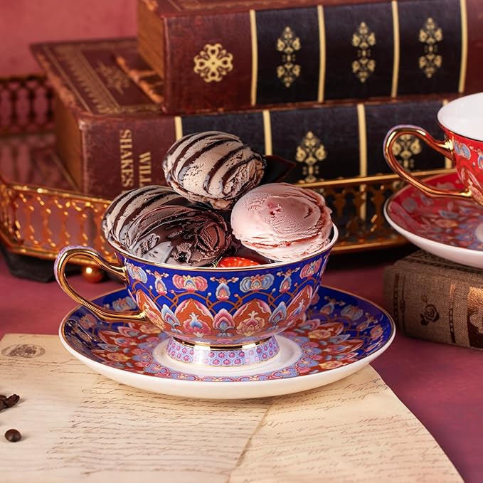 KAMMAK Tea Cups and Saucers Set of 2, Porcelain Coffee Cups with Saucer for Espresso, Cappuccino, 8oz Vintage Red and Blue Ceramic Novelty Mug for Home, Tea Party, Office