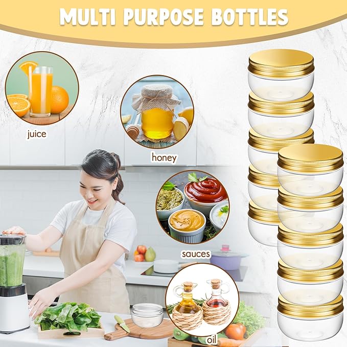 Suclain 50 Pcs 3 oz Canning Jars Mini Mason Jars with Lids Clear Small Canning Containers for Wedding Favors DIY Crafts Shower Favors Herb Jelly,Jams,Spice,for Kitchen Storage(Gold)