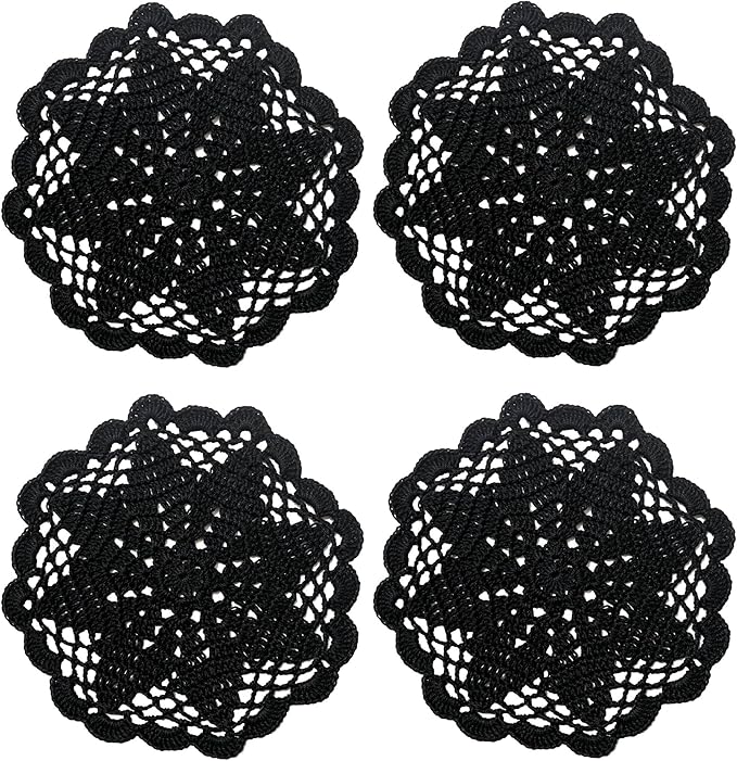 BIBITIME Handmade Crochet Round Lace Doilies Kitchen Table Placemats Wedding Tea Flower Vase Cup Mats (Black, 6" to 7",Pack of 4PCS)