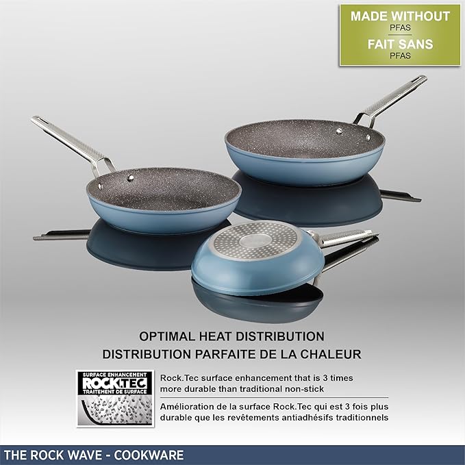 Starfrit The Rock Wave 20cm (8") Non-Stick Fry Pan with Wave.Tec Non-Slip Handle - Aluminum - Oven Safe - PFOA Free - Easy to Clean - Blue