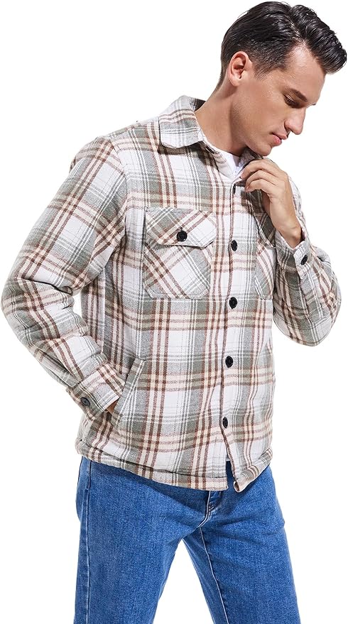 Men's Cotton Sherpa Lined Button Down Flannel Shirt Jacket Plaid Soft Outdoor Flannel Jacket Shirt