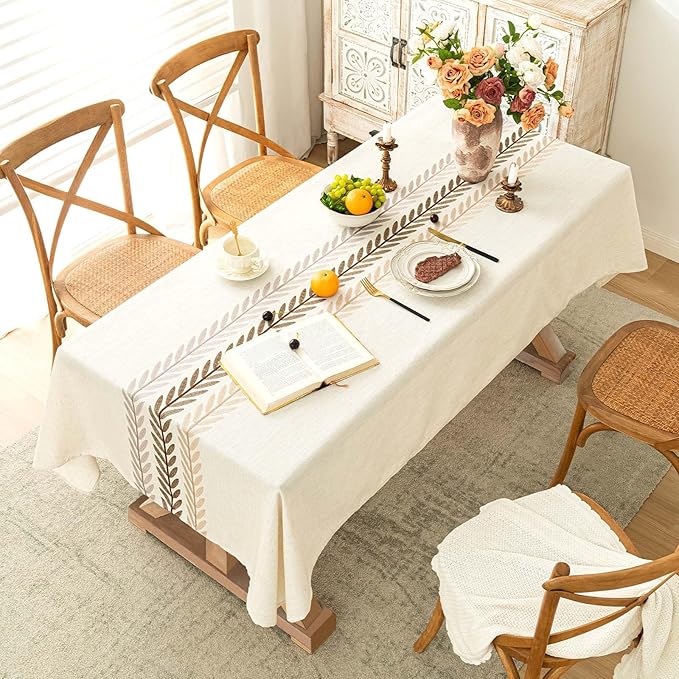SIELUNO Rectangle Tablecloth Cotton Linen Waterproof Table Cloth Rustic Farmhouse Table Cover for Holiday Parties Christmas Kitchen Dining Decoration-Beige Leaf-54"x102"