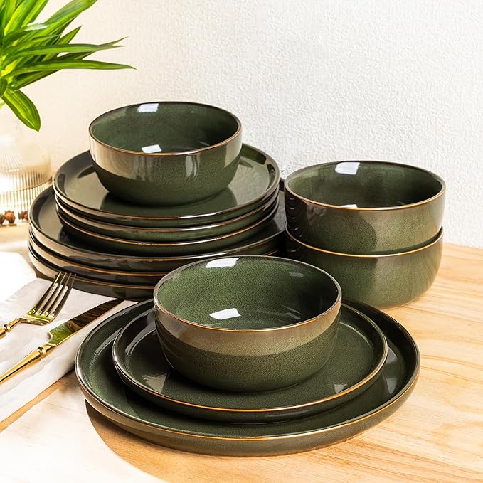 AmorArc Stoneware Dinnerware Sets for 4,Round Reactive Glaze Ceramic Plates and Bowls Set,Highly Scrath Resistant | Dishwasher & Microwave Safe Dishes Set,Service for 4 (12pc)
