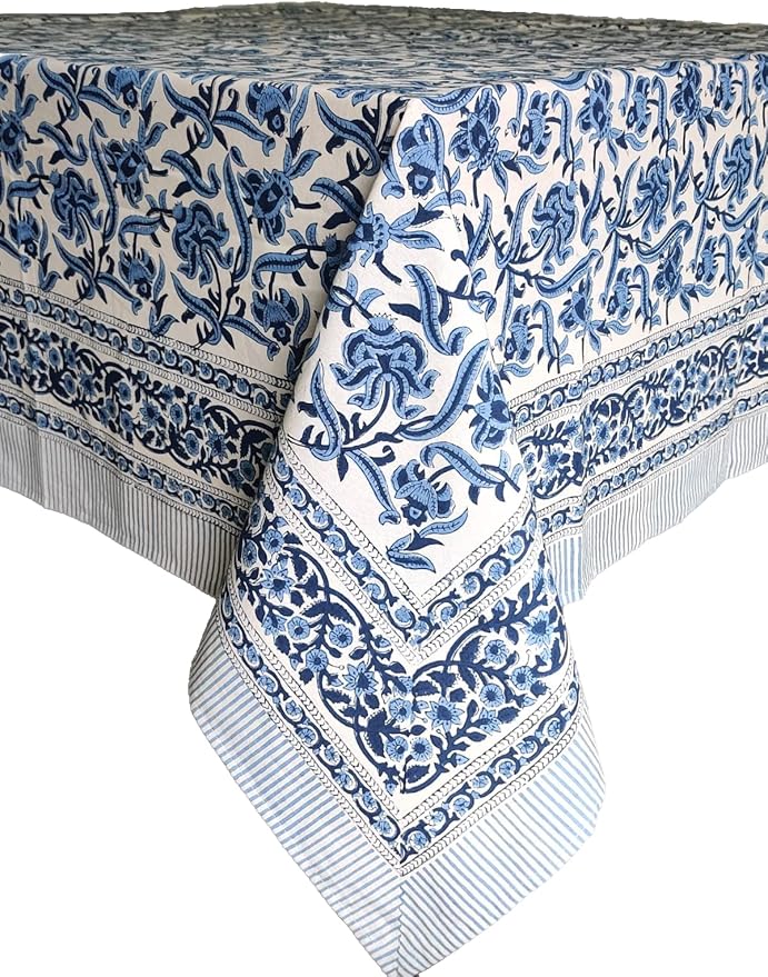 ATOSII Midnight Bloom 100% Cotton Fall Tablecloth, Handblock Print Blue Square Table Cloth for Kitchen Dining Table Linen I Parties Wedding Christmas Thanksgiving Outdoor Fall Decor 60 X 60 Inches