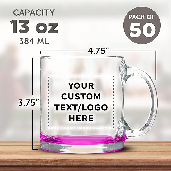 Custom Libbey Clear Glass Coffee Mugs 13 oz. Set of 50, Personalized Bulk Pack - Perfect for Coffee, Tea, Espresso, Hot Cocoa, Other Beverages - Pink Bottom