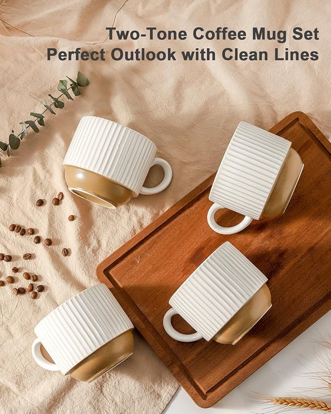 HASENSE 15oz Coffee Mug Set of 4 - Stackable Ceramic Mugs with Holder - White & Light Brown Coffe Cups Set for Cappuccino, Tea, Hot Cocoa, Drinks - Wedding & Housewarming Gifts, Everyday Use