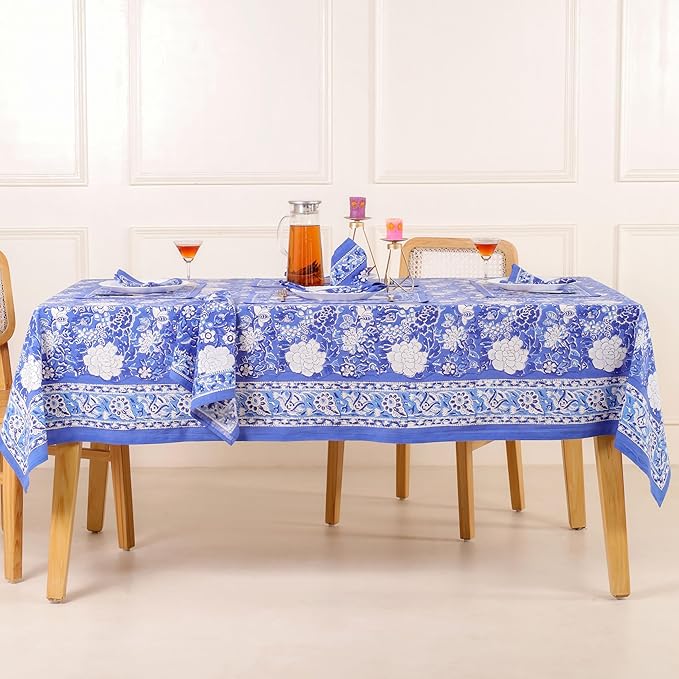 Hand Block Printed Table Cover - Exquisite Design, Premium Cotton Fabric, Perfect for Dining and Decor, Dining Table Linen(Prussian Blue,12 Seater 72 x 135 Inches Rectangle)