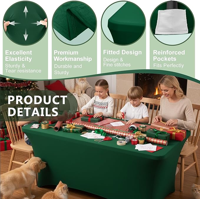 Table Cover for 6 Foot Rectangle Tables-6 Pack Hunter Green Fitted Stretch Tablecloth-Spandex 6ft Christmas Tablecloth for Party, Vendor Booth Display, Banquet Buffet Event, Craft Trade Show