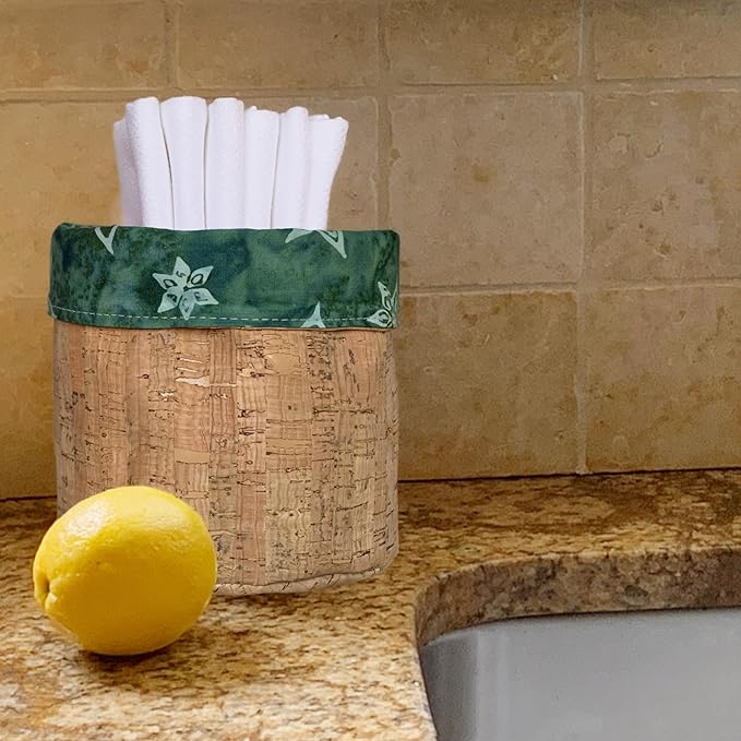 Reusable Paper Towel Set/Towels & Cork Fabric Basket/American Made/Machine Washable/Absorbent and Durable Edges & No Pilling (Reversible Green Star & Cork Basket, 6 Pack Cloths)