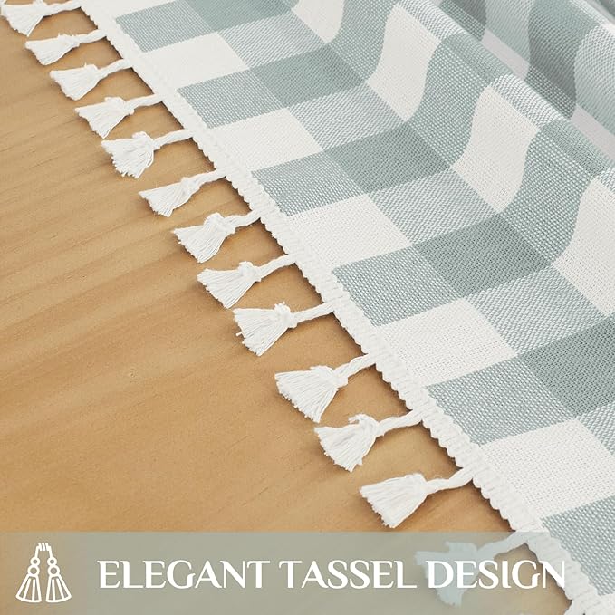 Softalker Checkered Tablecloth Rectangle, Outdoor Linen Cotton Gingham Table Cloth with Tassel, Heavy Duty Wrinkle Free Buffalo Plaid Table Cover for Kitchen Dining Home Party - 55 x 120 Inch, Aqua