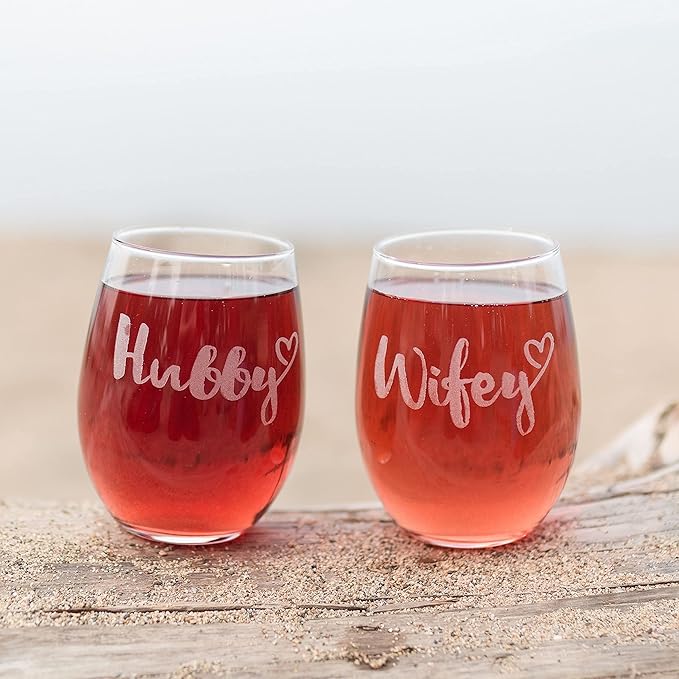Hubby and Wifey Wine Glasses - Mr and Mrs Wedding - Engagement Anniversary Couple 20oz Stemless