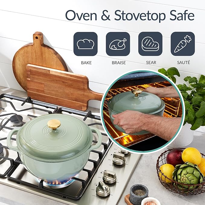 Best Choice Products Non-Stick Pot & Pan Cookware Set, Cast Iron, 2Qt Skillet W/Lid, 10" Grill Or Griddle Pan W/Press, 6Qt Enameled Dutch Oven, Non-toxic, For Cooking & Grilling - Sage