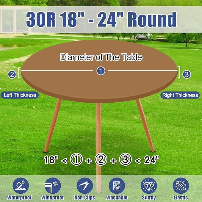 Round Spandex Tablecloth, Elastic Fitted Waterproof Tablecloths for 18"-24" Tables, Stretch Washable Picnic Table Cover for Camping, Dining, Indoor and Outdoor,Brown