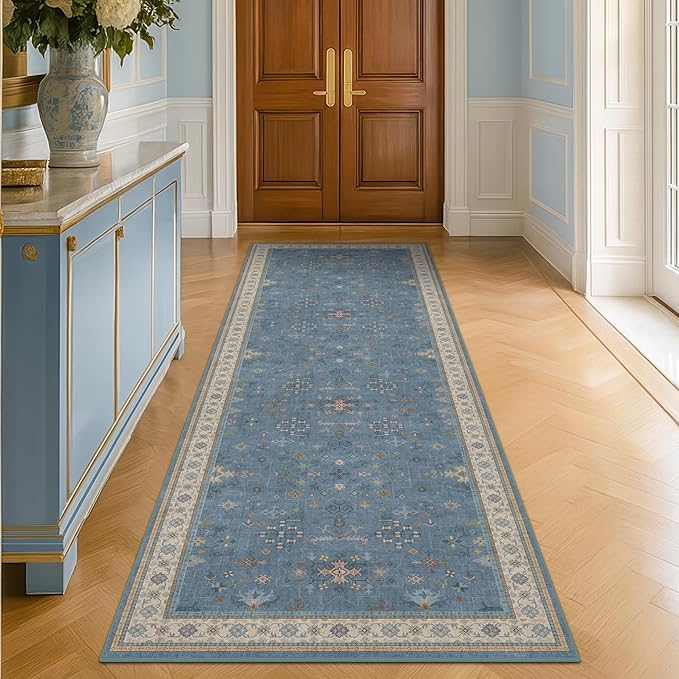 Blue Boho 2'6''x8' Wide Hallway Runner Rug - Washable Kitchen Sink Rug, Non Slip 8ft Long Runner Rug for Entryway, Colorful Modern Floral Print Home Décor
