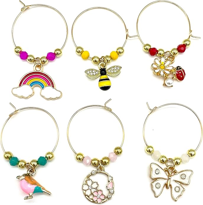 Serendipity Spring Wine Glass Charms, Table Decor, Set of 6 Gold Enameled Colorful Stemware Glass Identifiers, Bumble Bee, Ladybug, Cherry Blossom, Rainbow, Butterfly, Bird