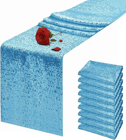10 Packs 12 x 72 inches Blue Sequin Table Runner, Glitter Runner for Birthday Party Supplies Wedding Holiday Celebration Baby Shower Engagement Anniversary Decor