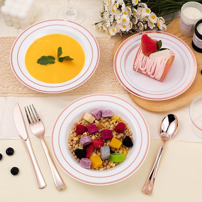 BESTSTAR 100 Pack Disposable Soup Bowls with Rose Gold Rim, 12oz Premium Heavy Duty Plastic Dinner Bowls for Party, Wedding and Holiday