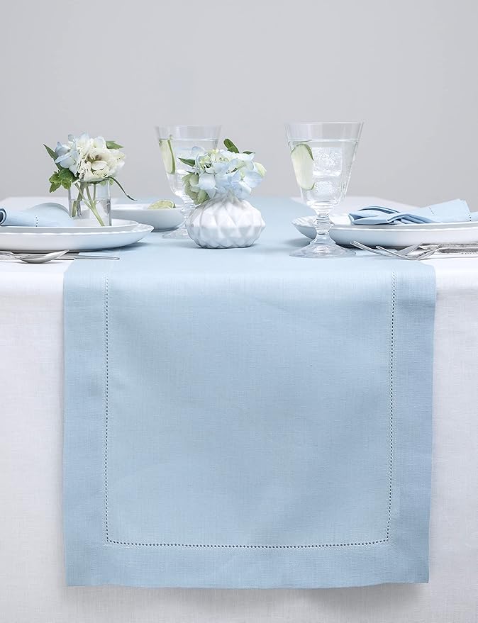 Solino Home Linen Sky Blue Table Runner 72 Inches Long - 100% Pure Linen Hemstitch Table Runner 14 x 72 Inch for Dresser, Dining, Spring, Easter - Classic Hemstitch