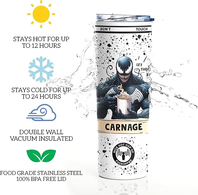 Venom Fuckoffee Tumbler, Let There Be Carnage Tumbler Insulated, Funny Novelty Gifts, Antihero Eddie Brock, Tom Hardy, Birthday Christmas Any Occasion Gift, Coffee Drinker - 20 Oz