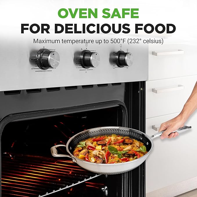 NutriChef 12" Stainless Steel Durable Wok - Triply Kitchenware Wok with Glass Lid, Side Handle - DAKIN Etching Non-Stick Coating, Scratch-resistant Raised-up Honeycomb Fire Textured Pattern