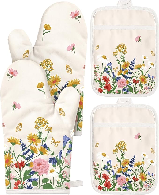 Cotton Oven Mitts and Pot Holders Sets - Quilted Lining Heat Resistant 4 Pieces Set with Hanging Loop Cute Farmhouse Boho Spring Kitchen Decor and Accessories, Retro Flower