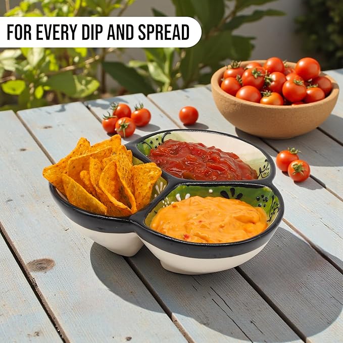 Ceramic Chip & Dip Bowl 7.5”, 3-Compartment Divided Serving Dish & Condiment Tray for Appetizers – Handmade in Spain, Lead-Free Glaze, Microwave, Oven & Dishwasher Safe