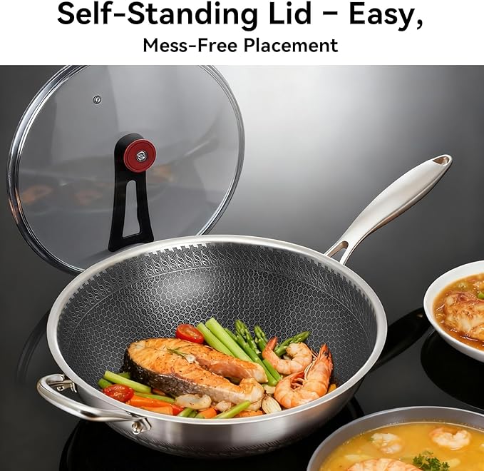 WANGYUANJI Coating-Free Hybrid Stainless Steel Wok with Lid, 12.6" Flat-Bottom Stir-Fry Pan, Honeycomb Surface, Induction Compatible, Dishwasher & Oven Safe