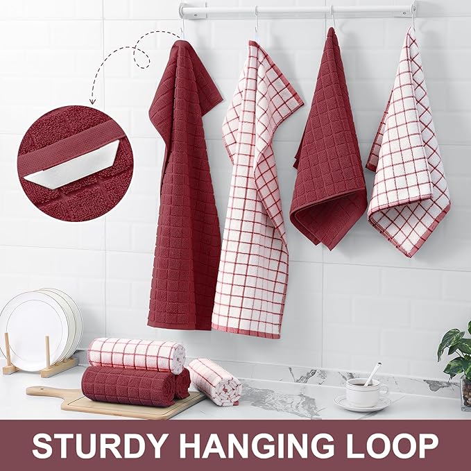Homaxy Premium Cotton Kitchen Towels 16"x 28", Large Natural Ring Spun 390 GSM Dish Towels, Super Absorbent Terry Kitchen Hand Towels, Soft Tea Towels with Hanging Loop, Red Check Design,12 Pack