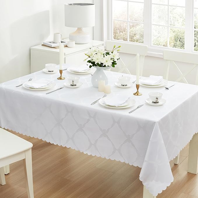 Newbridge Ribbons and Bows Damask Spring & Easter Holiday Fabric Tablecloth, White, 60 x 84 Inch Rectangle, Wrinkle & Stain Resistant Table Cover