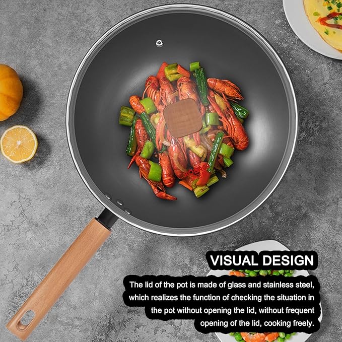 Woks & Stir-Fry Pans with Lid & Wooden Handle, No Chemical Coated Flat Bottom Chinese Wok Pan Cookware All Stoves