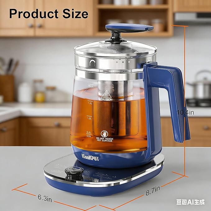 1200w Electric Kettle, 1.5L Borosilicate Glass tea kettle, Hot water kettle electric for Coffee or Tea, BPA Free, Auto Shut-Off, Stainless Steel, Fast Boil, Blue
