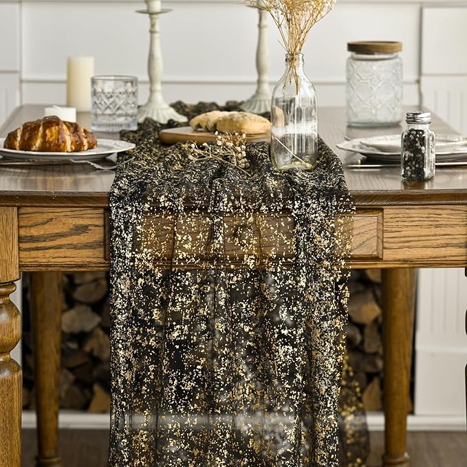 Artoid Mode Black Gold Gauze Table Runner 120 Inch 10Pcs, Glitter Metallic Foil Sheer Dining Wedding Anniversary Holiday Birthday Table Decor for Home Party