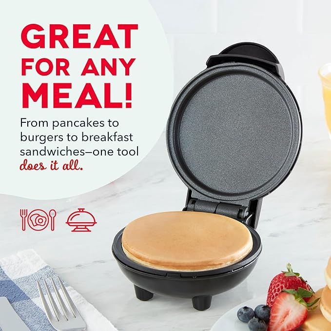 Dash Mini Maker Griddle - Compact Griddle for Creative Homemade Treats - PTFE nonstick surface, Quick Heat-Up System & Space-Saving Design - Black