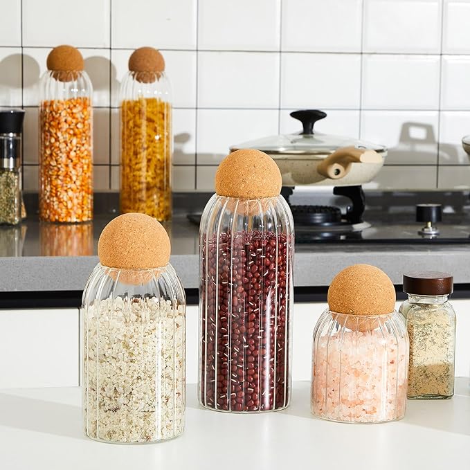 Suclain 5 Pack Glass Jar Set with Spherical Cork Ball 4 Sizes Food Storage Tank Candy Jars Coffee Canister Airtight Jars for Kitchen Ball Bottle Holder Spice Sugar Tea (Vertical Pattern Style)