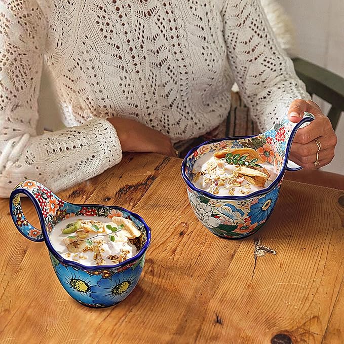 ALMA 2025 Updated Microwavable Soup Bowl with Large Long Handle,18oz Soup Bowl Giftable for Women,Unique Cereal Bowl for Soup,Yogurt,Snack,Chip,Stew,Ice cream-Wildflower Waltz Theme
