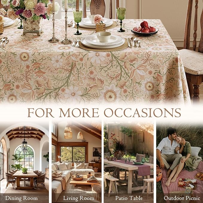 French Linen Tablecloth Rectangular, Vintage Floral Table Cloth, Waterproof Table Cover for Picnic Dining Party Wedding, Blossom Pink, 55x71''