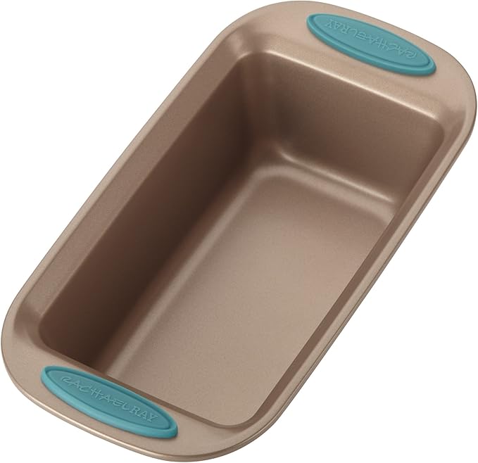 Rachael Ray Cucina Bakeware Oven Lovin' Nonstick Loaf Pan, 9-Inch by 5-Inch Steel Pan, Latte Brown with Agave Blue Handles