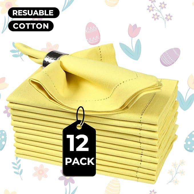 Homidate Hemstitched Cotton Cloth Dinner Napkins Set of 12 – 18x18 Golden Kiwi – Reusable Machine Washable Fabric Napkins for Weddings, Thanksgiving, Christmas & Events