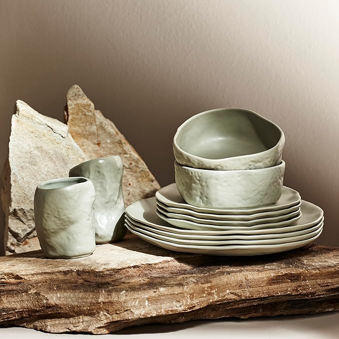Stone by Mercer Project Atik Modern Stoneware 16-Piece Dinnerware Set, Plate and Bowl Set, Dish set for 4, Sage-Grey
