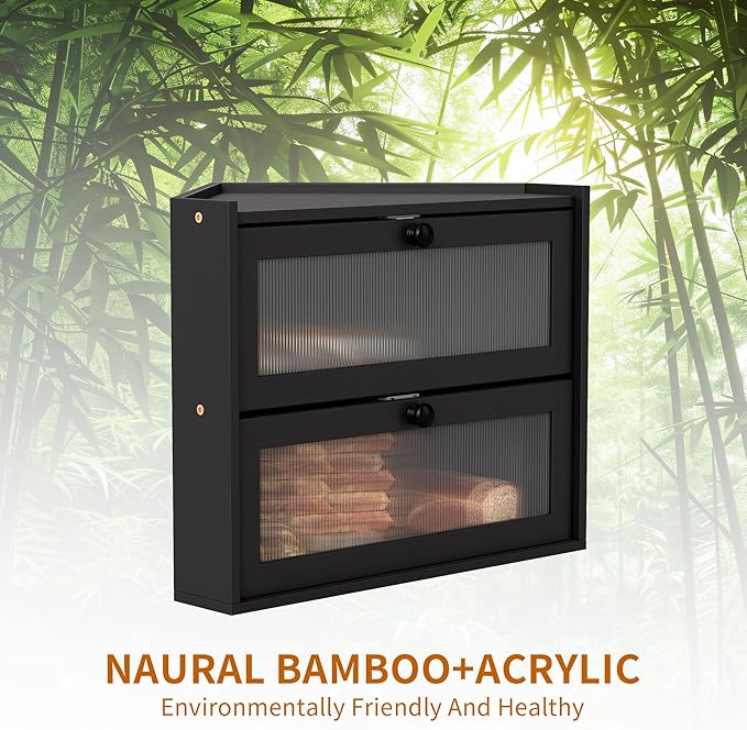 2 Tier Bread Box, Natural Bamboo Wood Bread Storage Container Cabinet with Window for Kitchen Countertop, Space Saver Handmade Sandwich Bread Keeper for Home Bakery (Black Corner Breadbox)